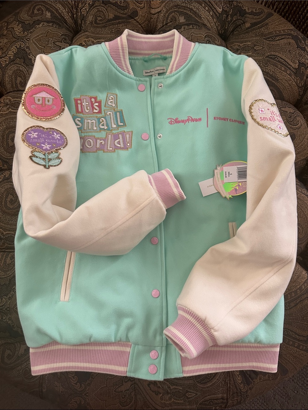 Stoney Clover Lane Green & Cream 'It's a Small World' Varsity Jacket  Med NWT